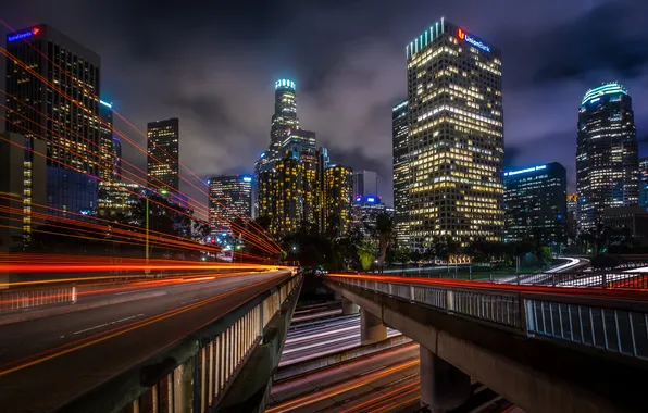 Ночь, мост, город, выдержка, США, Лос Анджелес, Downtown LA, 4th Street Bridge