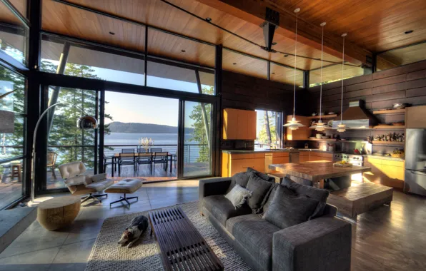Интерьер, кухня, interior, столовая, загородный дом, modern lake house