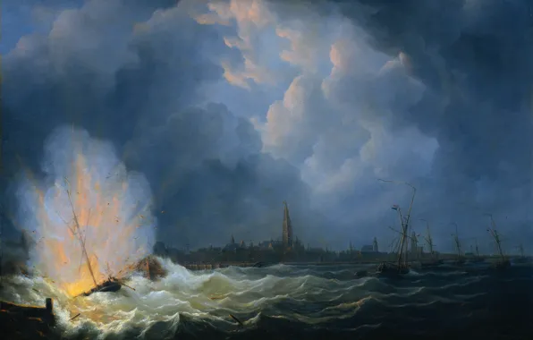 Масло, картина, холст, баталия, Мартинус Шуман, Взрыв Канонерской Лодки у Антверпена
