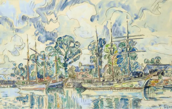Рисунок, корабль, акварель, Поль Синьяк, Пемполь, Paul Signac