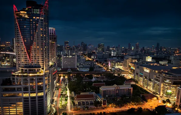 Небо, ночь, город, здания, небоскребы, панорама, Тайланд, Thailand