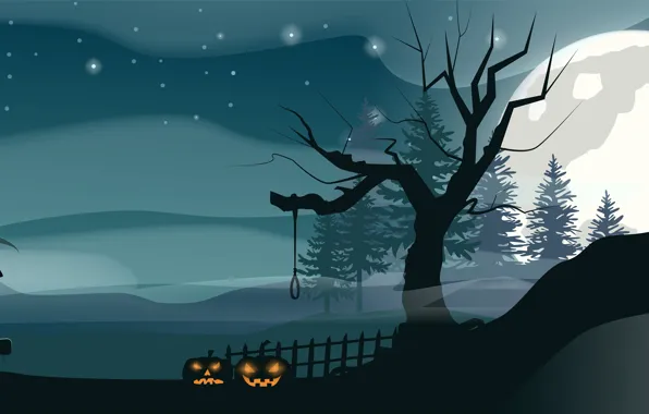 Картинка Ночь, Луна, Замок, Тыквы, Halloween, Хеллоуин, Смерть, Полнолуние