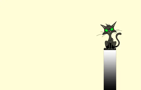 Картинка кот, полоса, черный, минимализм, клыки, сидит, cat, зеленые глаза