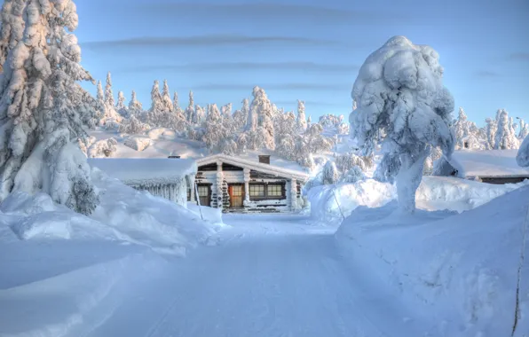 Зима, дорога, небо, природа, домик, финляндия