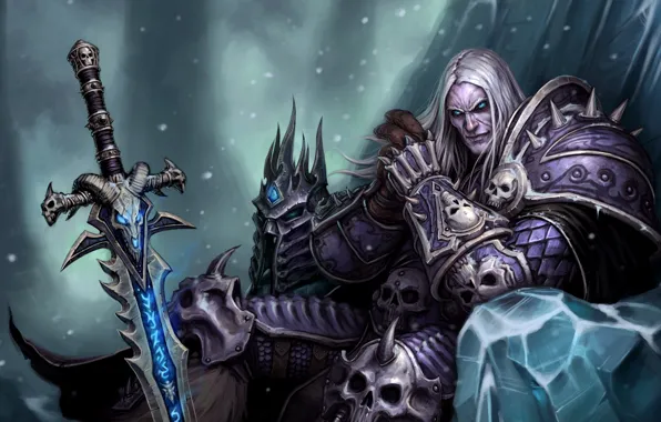 Картинка WoW, World of Warcraft, Arthas, Evil, Helmet, Armor, Sword Frostmourne, Powerful