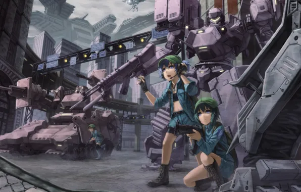 Картинка город, оружие, девочки, робот, арт, вертолет, танк, меха