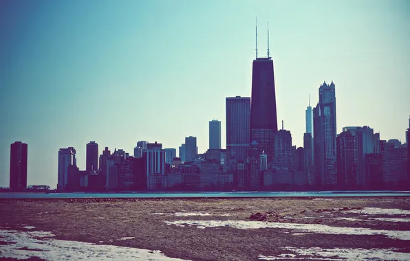 Картинка зима, снег, city, небоскребы, USA, америка, чикаго, Chicago