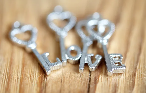 Буквы, размытость, сердечки, love, ключи, металлические
