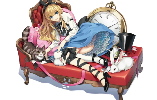 Alice in Wonderland, Alice, лежит на диване, цилиндр шляпа, полосатый кот, белый кролик, карманные часы, …