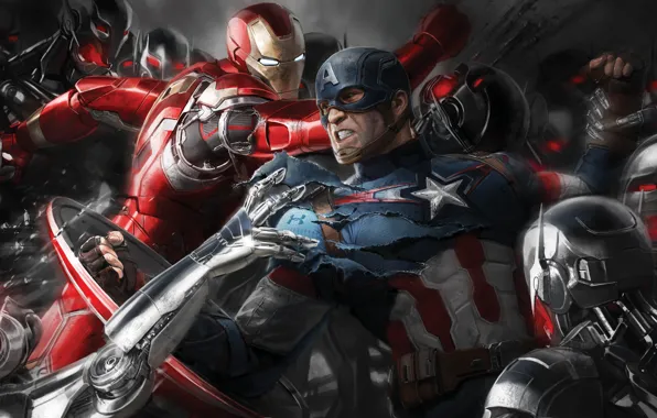 Картинка фантастика, арт, битва, Iron Man, комикс, Captain America, супергерои, Avengers: Age of Ultron