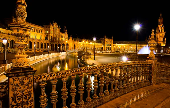 Картинка ночь, огни, Испания, Севилья, площадь Испании