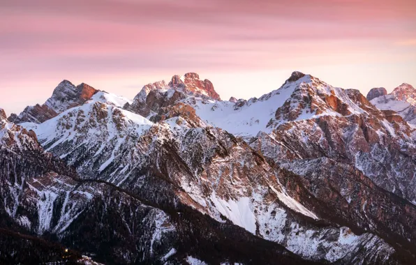 Картинка Закат, Горы, Снег, Италия, Italy, Sunset, Mountains, Sunshine