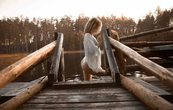 Лес, попа, деревья, секси, поза, река, модель, мокрая