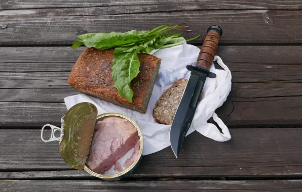 Картинка завтрак, хлеб, нож, консервы
