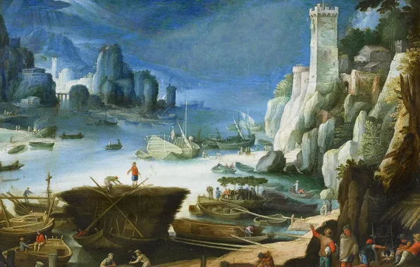 Картинка пейзаж, лодка, башня, картина, Пауль Бриль, Вид на Реку и Скалы