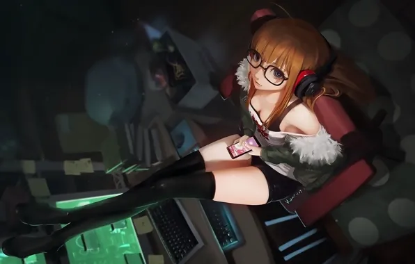 Девушка, наушники, Persona 5, Персона