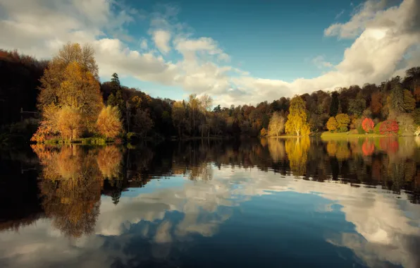 Картинка осень, небо, отражения, деревья, природа, озеро