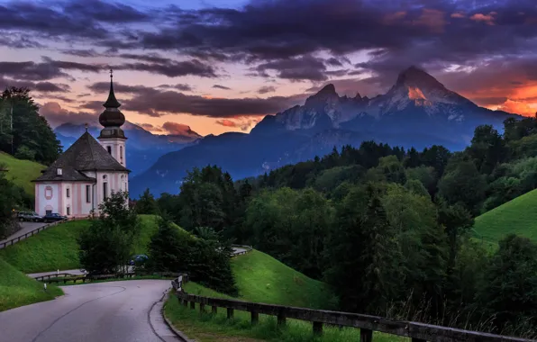 Картинка дорога, деревья, пейзаж, закат, горы, природа, Германия, Бавария