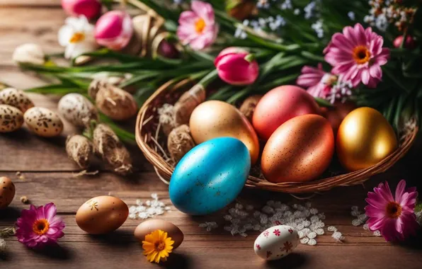 Картинка цветы, яйца, весна, colorful, Пасха, happy, flowers, spring