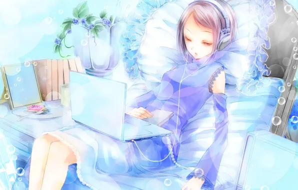 Картинка девушка, музыка, голубой, кресло, аниме, наушники, ноутбук