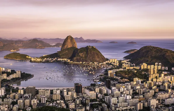 Горы, побережье, здания, гора, яхты, панорама, залив, Бразилия