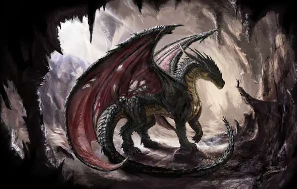 Картинка дракон, крылья, чешуя, пещера, dragon, солнечный свет