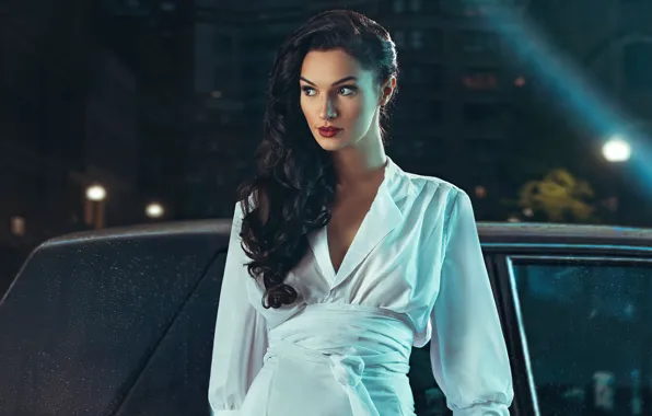 Взгляд, ночь, актриса, брюнетка, Hollywood, белое платье, красивая девушка, очарование