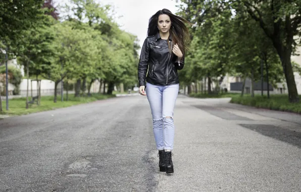 Girl, leather, jeans, look, cute, jacket