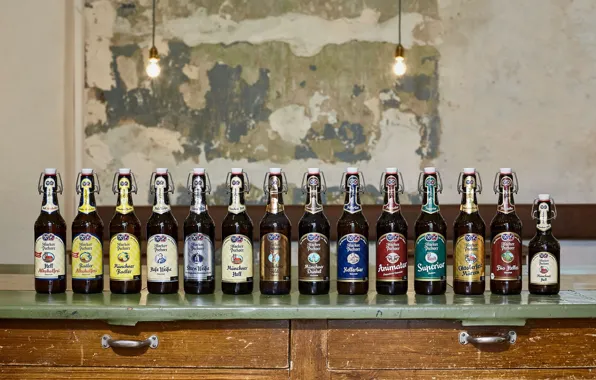 Бутылки, ряд, напиток, Hacker Pschorr, Heaven in Bavaria