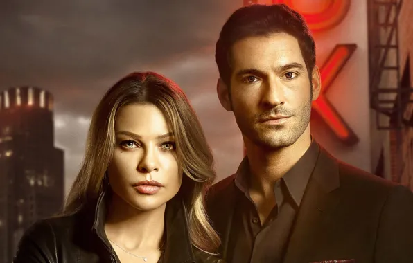 Взгляд, девушка, мужчина, Lucifer, Tom Ellis, Lauren German