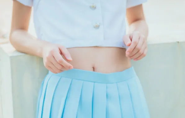 Asian, Model, Wall, Woman, Skirt, Uniform, Close Up, Belly