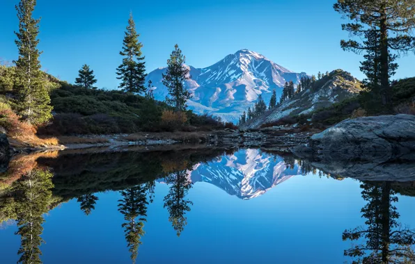 Картинка деревья, горы, озеро, отражение, Калифорния, California, Heart Lake, Каскадные горы