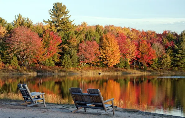 Осень, пейзаж, озеро, кресла