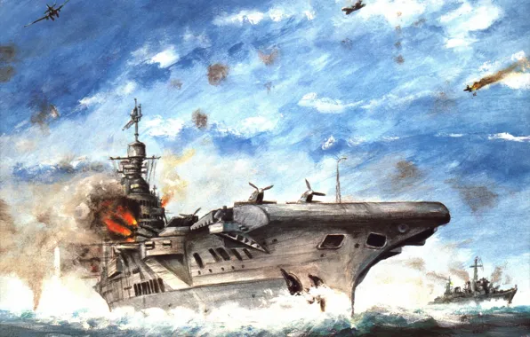 Картинка море, небо, война, рисунок, бой, авианосец, шапки, самолёты