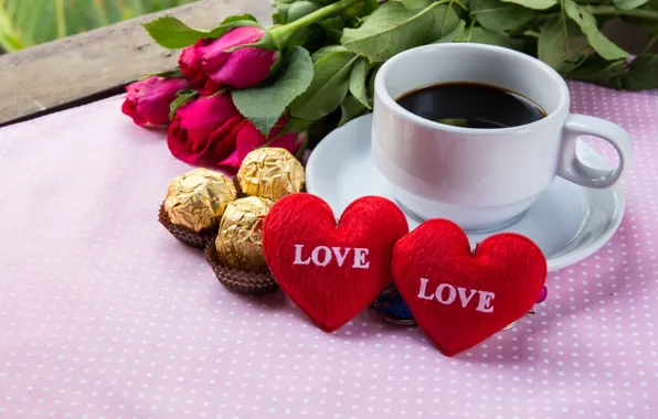 Цветы, праздник, кофе, розы, сердечки, день влюбленных