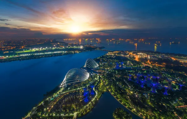 Ночь, lights, огни, небоскребы, Сингапур, архитектура, мегаполис, blue
