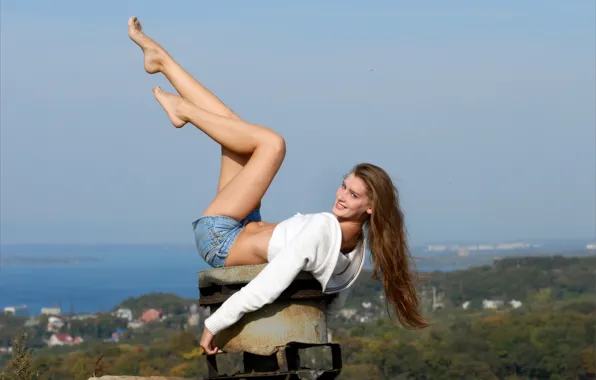 Forest, sky, hot girl, trees, ocean, nature, model, outside