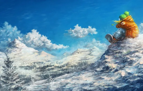 Картинка облака, снег, деревья, горы, сноуборд, Девушка, сидит