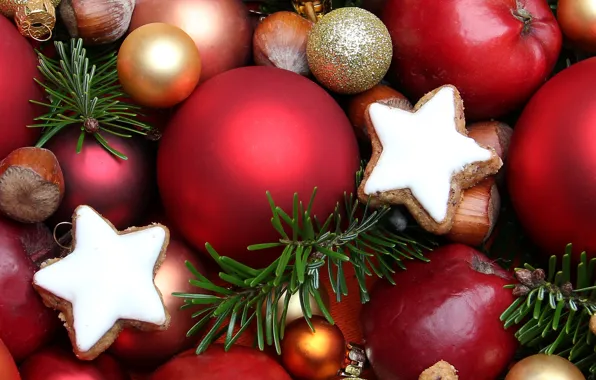 Картинка шарики, игрушки, еда, Новый Год, печенье, Рождество, сладости, красные