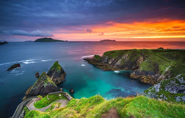 Картинка пейзаж, закат, горы, природа, океан, скалы, Ирландия, Ireland