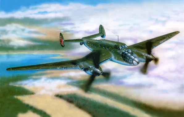 Картинка небо, война, рисунок, полёт, бомбардировщик, самолёт, советский, двухмоторный