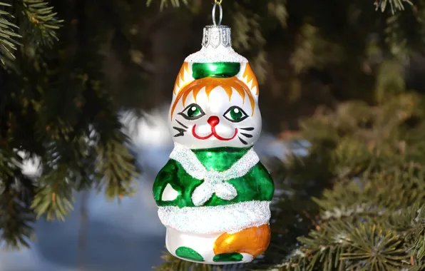Картинка кошка, ветки, праздник, игрушка, елка, новый год, ель, киска
