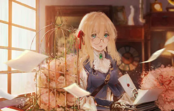 Девушка, очки, письма, Violet Evergarden