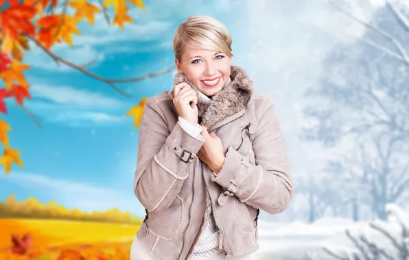 Картинка зима, осень, листья, девушка, снег, улыбка, куртка, блондинка