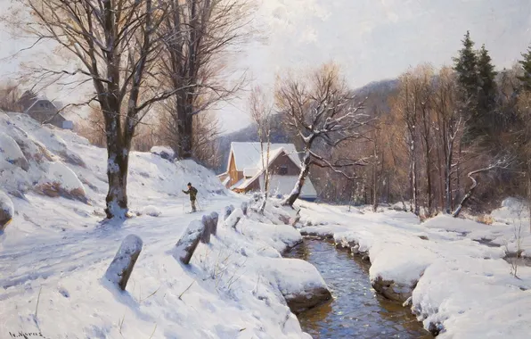 Картинка зима, лес, снег, деревья, пейзаж, дом, река, картина