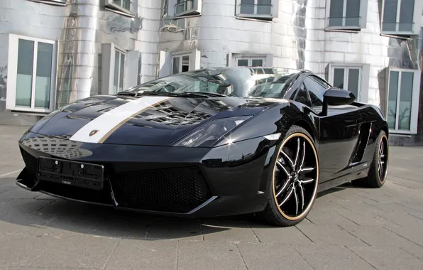 Картинка чёрный, Гайардо, Lamborghini Gallardo, золотая полоса