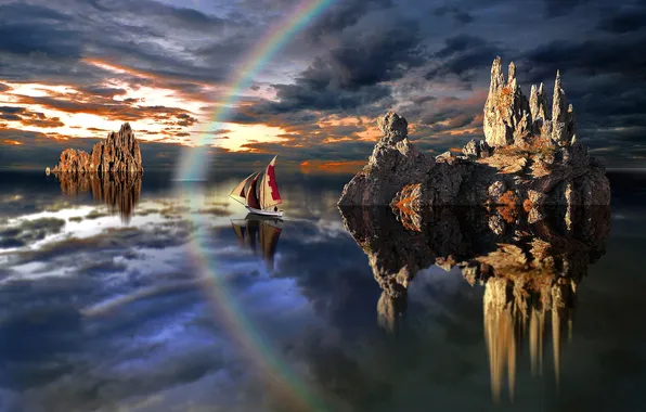 Картинка озеро, скалы, лодка, радуга, парус