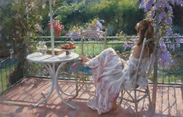 Картинка девушка, цветы, отдых, картина, сад, книга, фрукты, солнечно