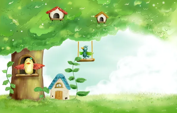Картинка небо, трава, листья, детство, дерево, птица, рисунок, сказка