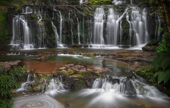 Река, Новая Зеландия, водопады, каскад, New Zealand, Purakaunui Falls, Purakaunui River, Катлинс